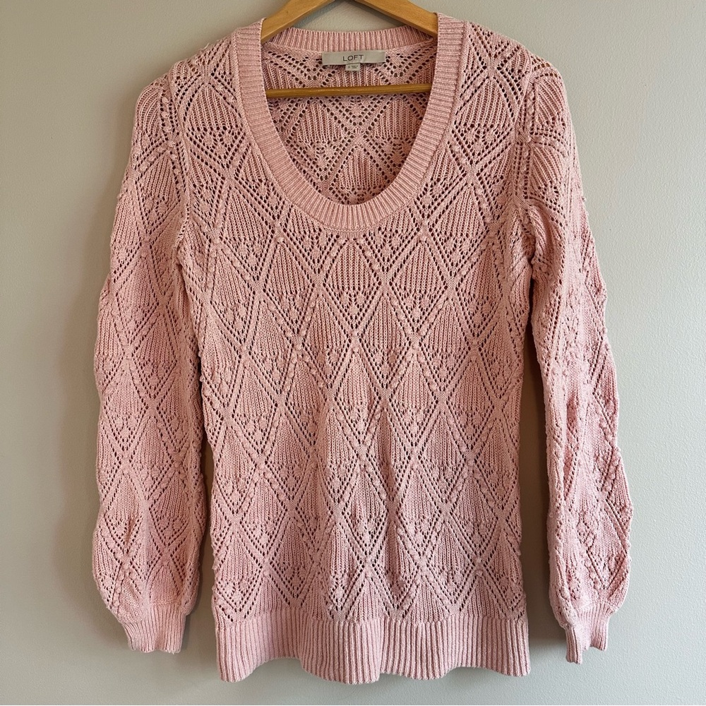 LOFT Bobble Pointelle Scoop‑Neck Sweater Women’s Small | Pink Textured Knit